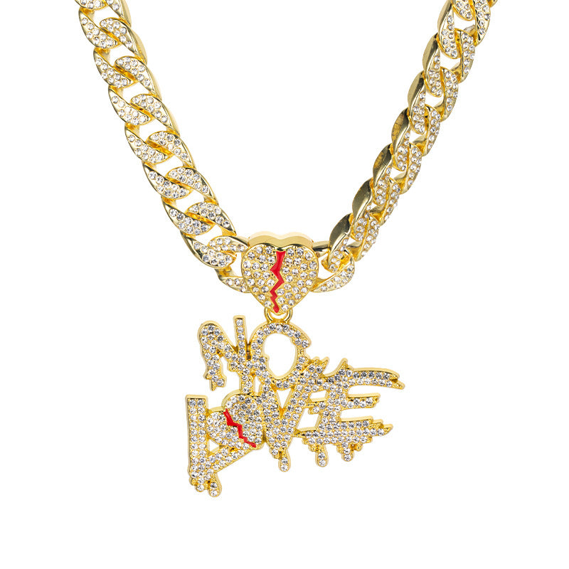 Hip-hop Full Diamond Cuban Chain Letter Heart Pendant Hiphop Street Culture Trendy Male Necklace