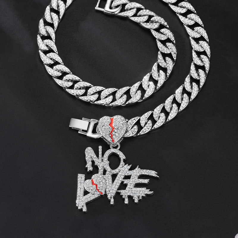 Hip-hop Full Diamond Cuban Chain Letter Heart Pendant Hiphop Street Culture Trendy Male Necklace