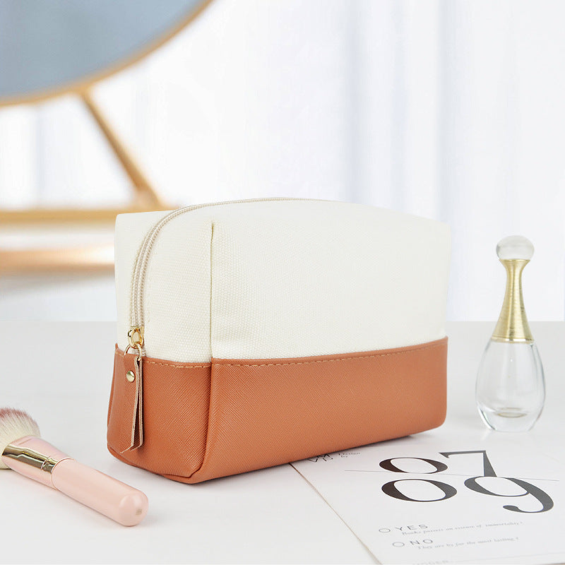 Canvas Two-Tone Cosmetic Bag, Large Capacity Zipper Toiletry Pouch, Portable Travel Makeup Organizer for Woman