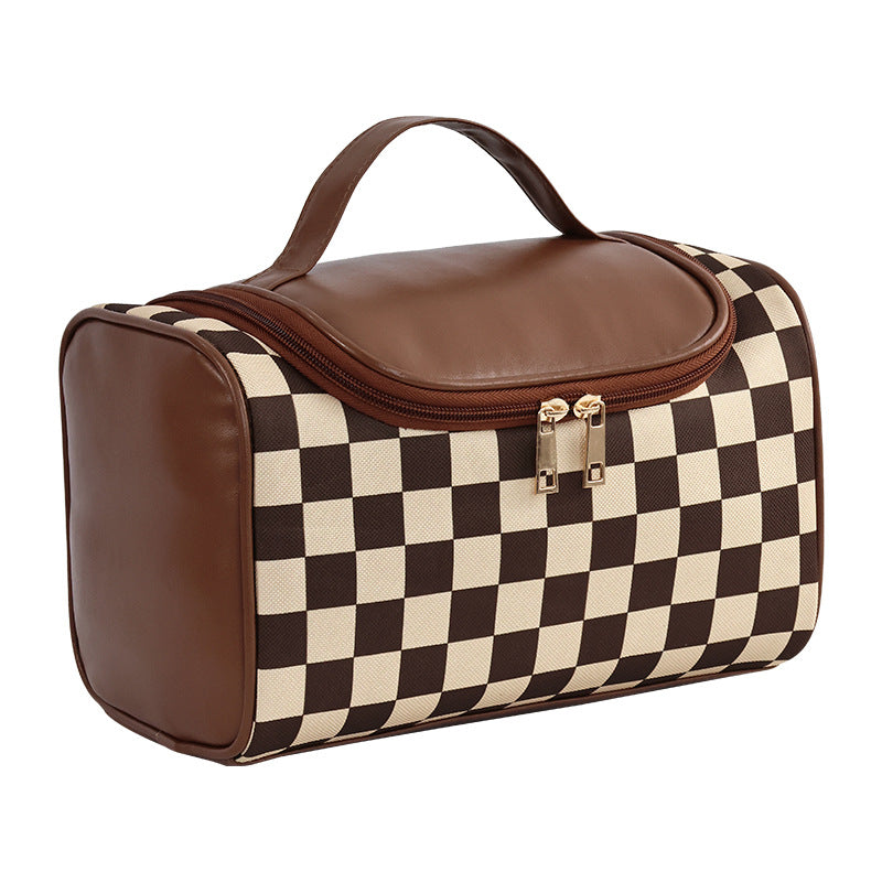 Handheld and Portable Checkerboard Patterned Makeup Bag with Large Capacity and Mesh Compartment