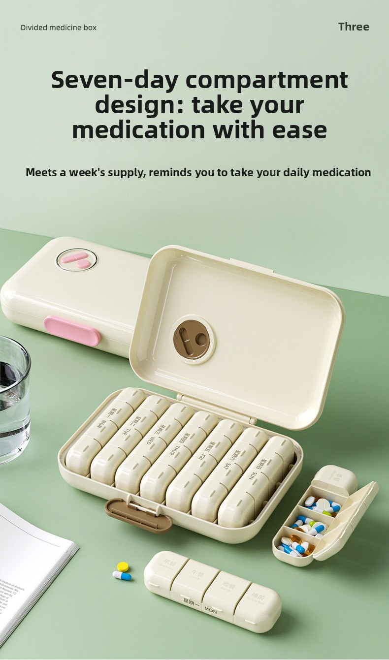 Seven days a week, medicine dispenser, three meals a day, travel, large capacity, portable, packaged pills, pill storage box