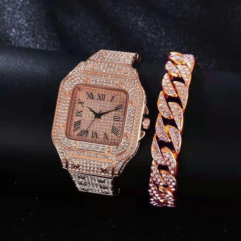 Fashion Luxury Hip-Hop Square Roman Diamond-Plated Stainless Steel Quartz Watch + Oval Hip-Hop Diamond-Plated Bracelet