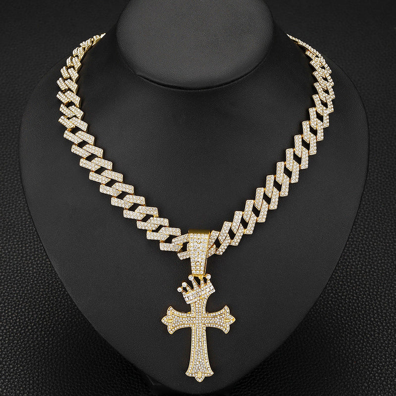 Iced Out Crown Cross Pendant Cuban Link Chain Necklace for Men, Hip Hop Bling Diamond CZ Necklace, Gold Silver Rapper Jewelry