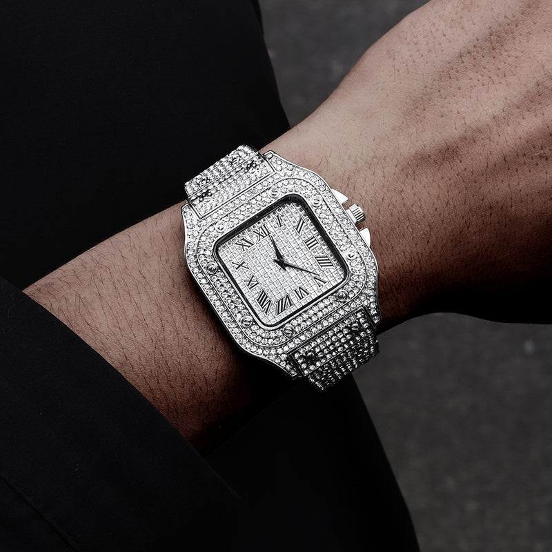 Fashion Luxury Hip-Hop Square Roman Diamond-Plated Stainless Steel Quartz Watch + Oval Hip-Hop Diamond-Plated Bracelet