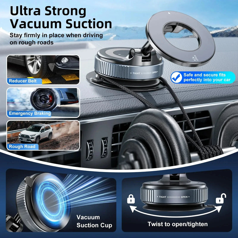 Strong Magnetic Vacuum Car Phone Holder | 360° Foldable Mount for iPhone & All Phones
