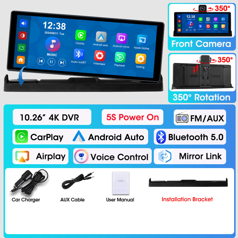 10.26 inch 4K Dash Cam Wireless Carplay Android Auto Car DVR 350° Rotating Lens GPS Navigation Dashboard Video Recorder