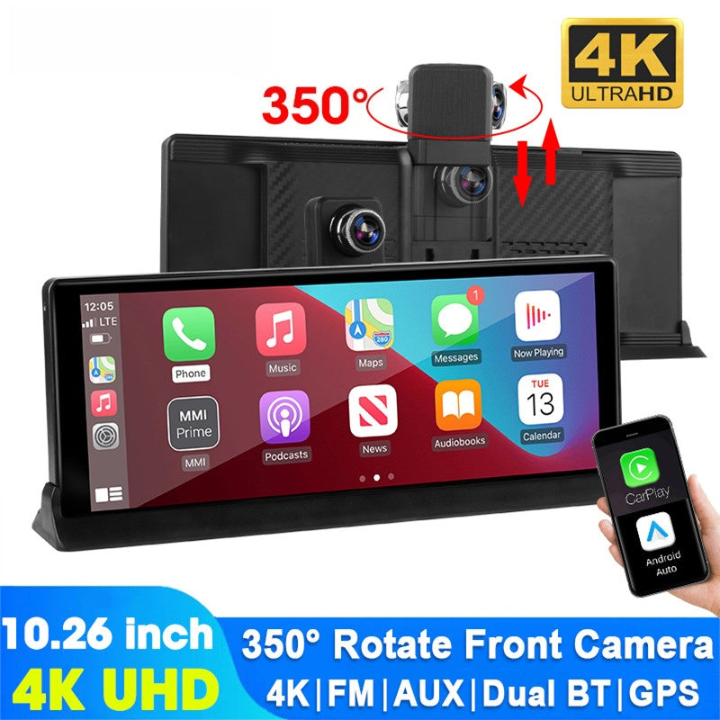 10.26 inch 4K Dash Cam Wireless Carplay Android Auto Car DVR 350° Rotating Lens GPS Navigation Dashboard Video Recorder