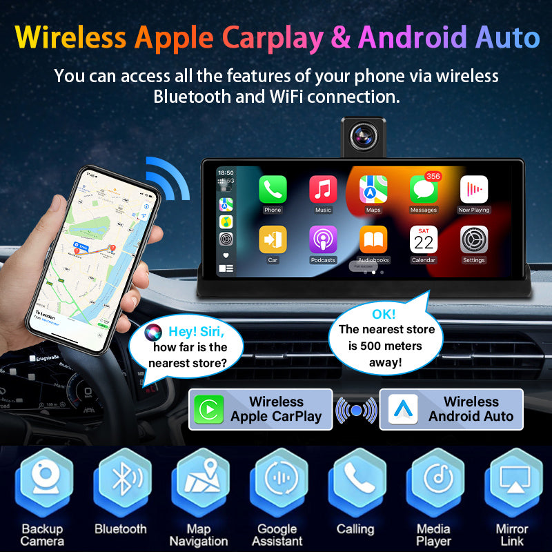 10.26 inch 4K Dash Cam Wireless Carplay Android Auto Car DVR 350° Rotating Lens GPS Navigation Dashboard Video Recorder