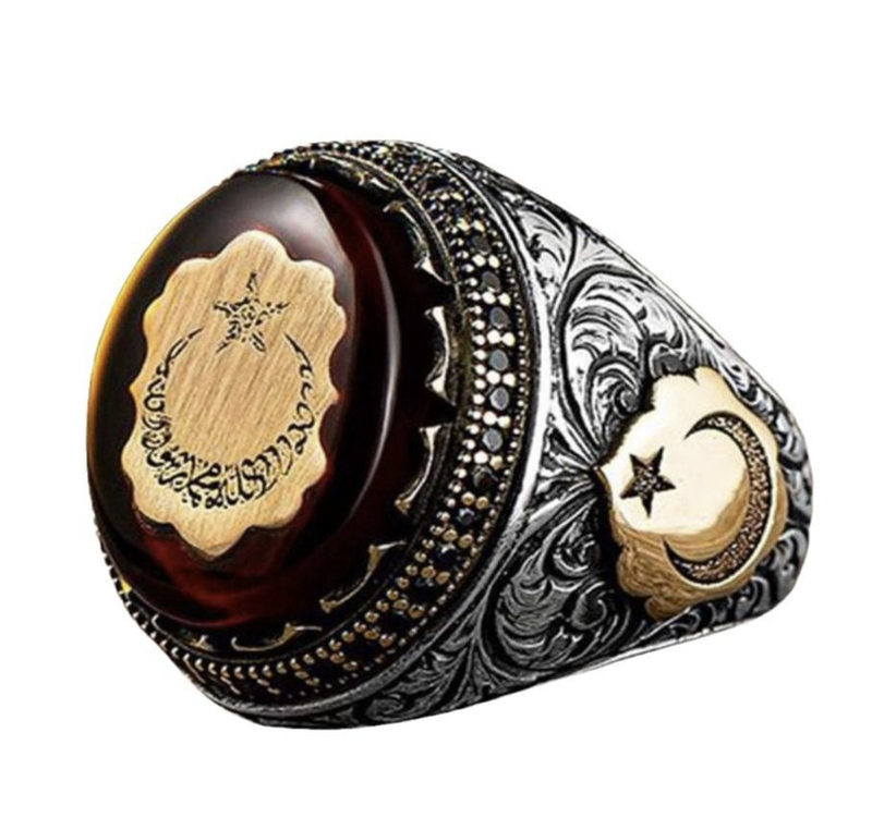 Ring Turkish Stone Men's Vintage Alloy Signet with Diamond Accents