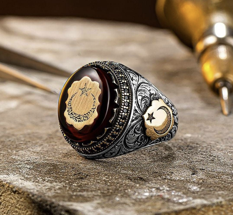 Ring Turkish Stone Men's Vintage Alloy Signet with Diamond Accents