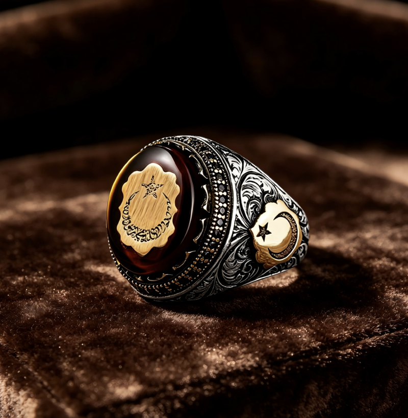 Ring Turkish Stone Men's Vintage Alloy Signet with Diamond Accents
