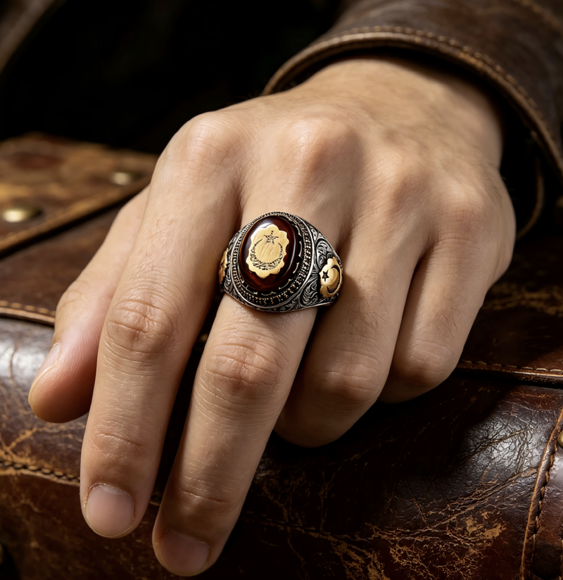 Ring Turkish Stone Men's Vintage Alloy Signet with Diamond Accents