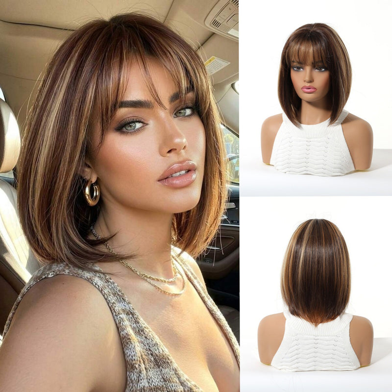 Ombre Highlights, Bob Cut, Airy Bangs, Short Straight Hair, Natural-Looking Synthetic Full-Head Wig