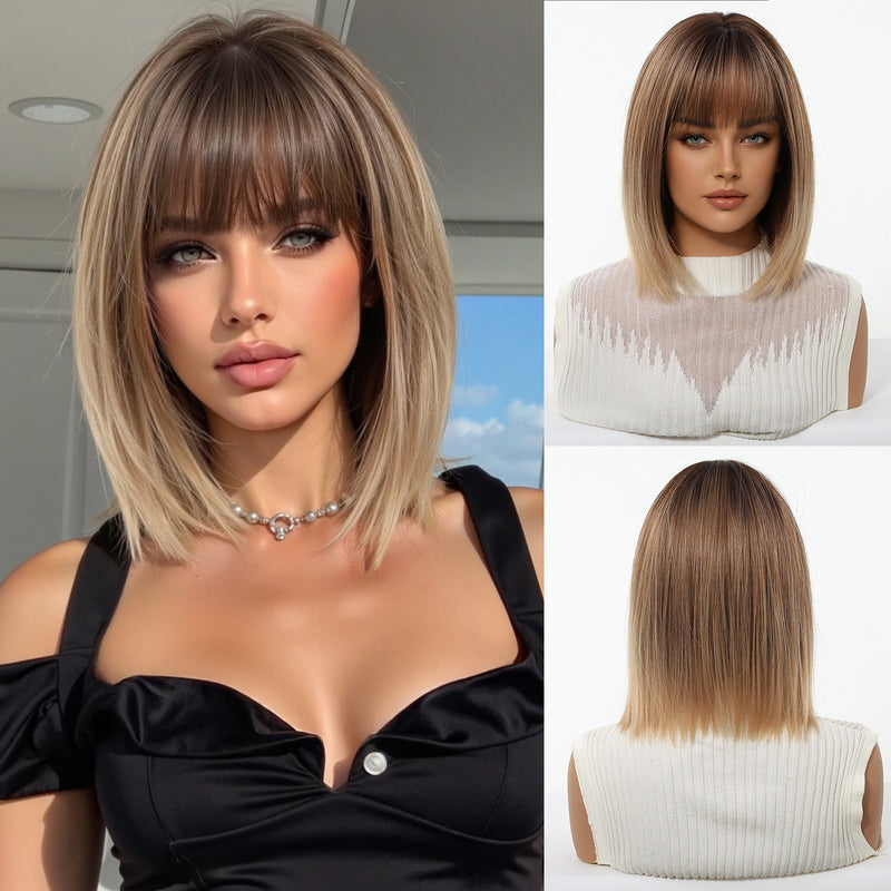 Ombre Highlights, Bob Cut, Airy Bangs, Short Straight Hair, Natural-Looking Synthetic Full-Head Wig