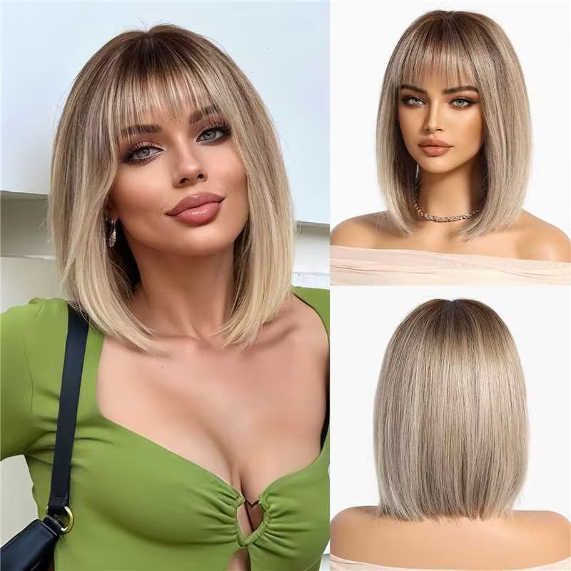 Ombre Highlights, Bob Cut, Airy Bangs, Short Straight Hair, Natural-Looking Synthetic Full-Head Wig