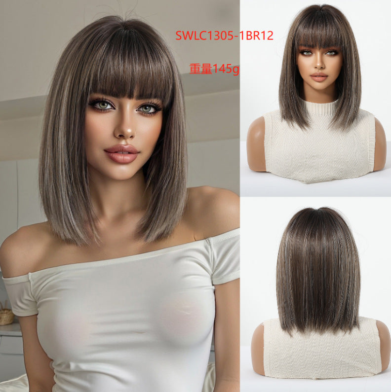 Ombre Highlights, Bob Cut, Airy Bangs, Short Straight Hair, Natural-Looking Synthetic Full-Head Wig