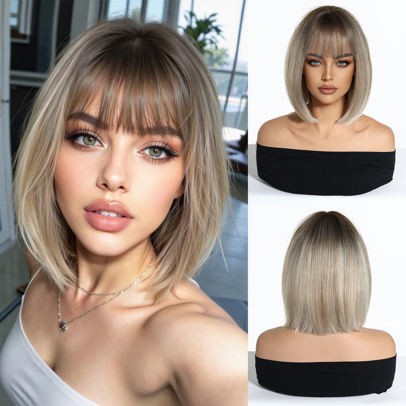 Ombre Highlights, Bob Cut, Airy Bangs, Short Straight Hair, Natural-Looking Synthetic Full-Head Wig
