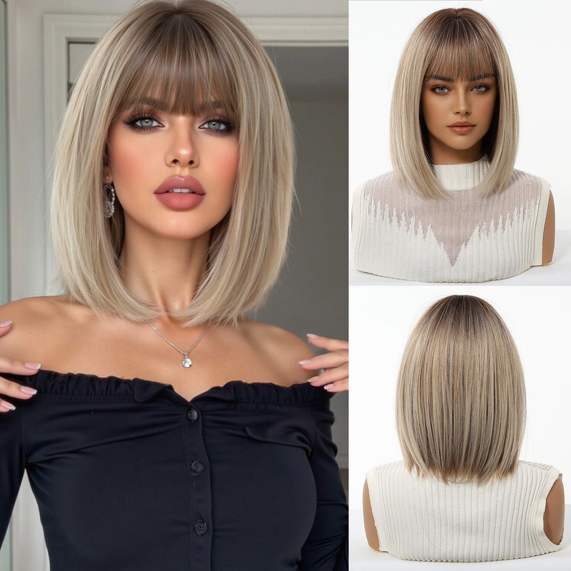 Ombre Highlights, Bob Cut, Airy Bangs, Short Straight Hair, Natural-Looking Synthetic Full-Head Wig