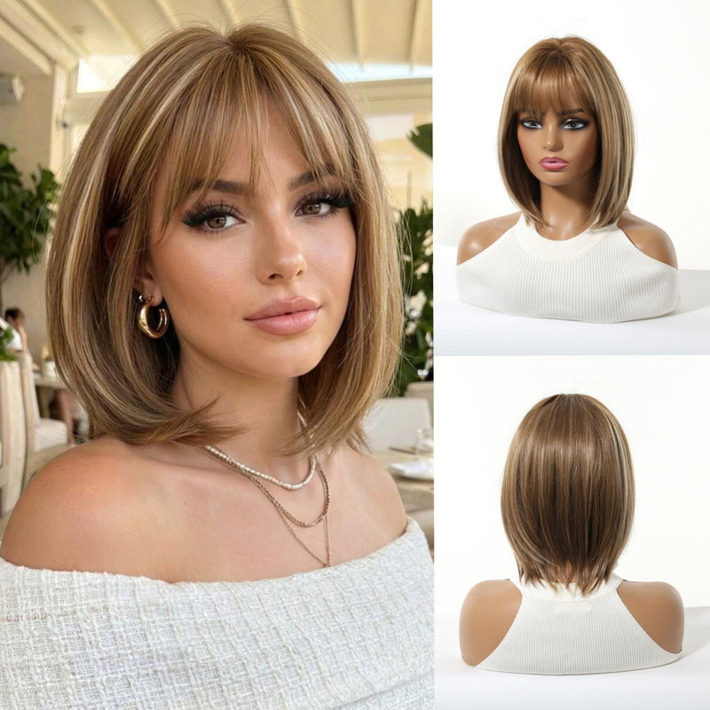 Ombre Highlights, Bob Cut, Airy Bangs, Short Straight Hair, Natural-Looking Synthetic Full-Head Wig