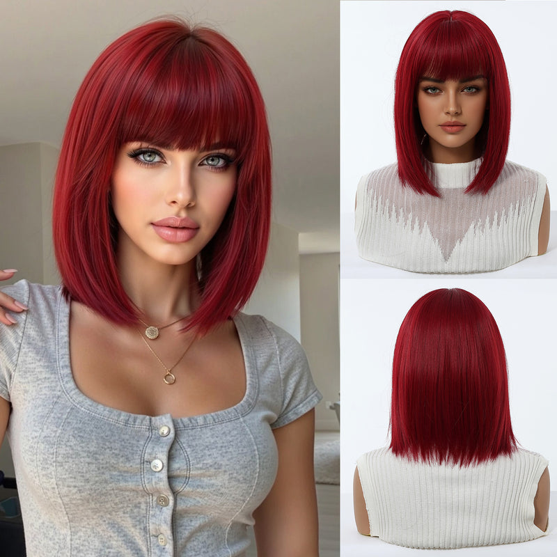 Ombre Highlights, Bob Cut, Airy Bangs, Short Straight Hair, Natural-Looking Synthetic Full-Head Wig