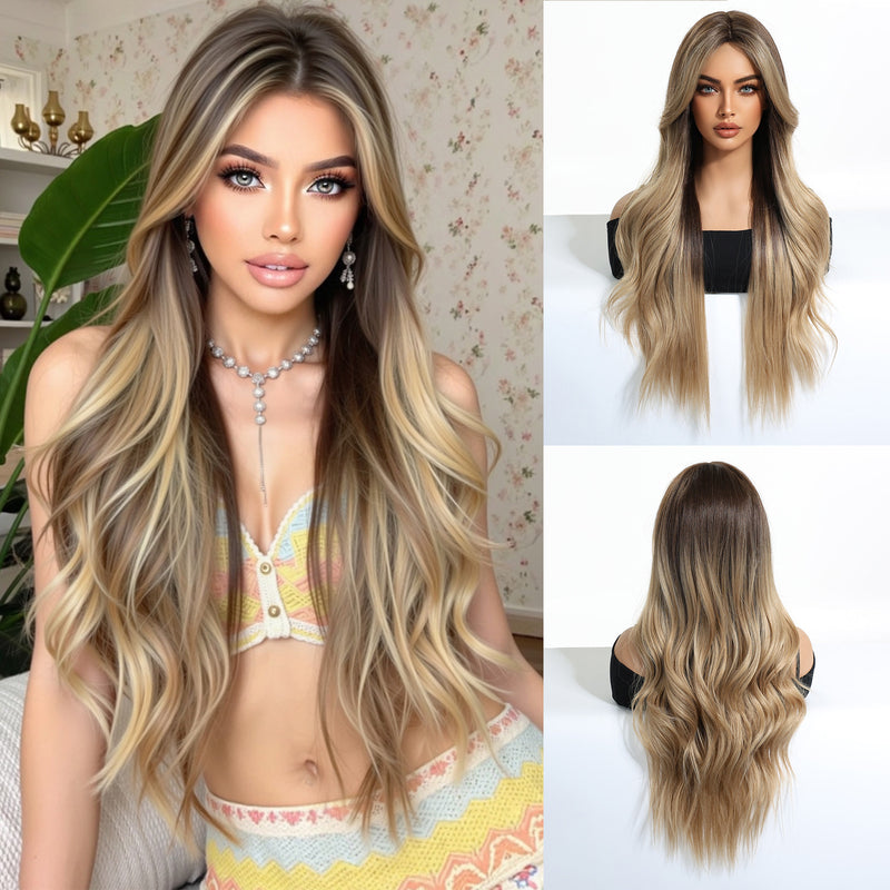 Woman Wig Center-Parted Long Curly Hair with Large Waves Full-Head Wig