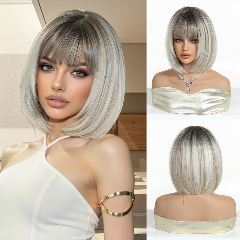 Ombre Highlights, Bob Cut, Airy Bangs, Short Straight Hair, Natural-Looking Synthetic Full-Head Wig