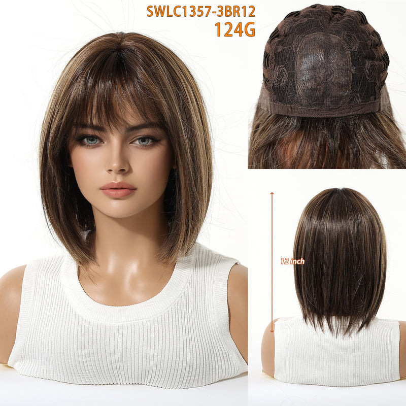 Ombre Highlights, Bob Cut, Airy Bangs, Short Straight Hair, Natural-Looking Synthetic Full-Head Wig