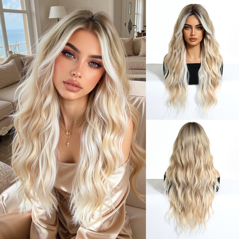 Woman Wig Center-Parted Long Curly Hair with Large Waves Full-Head Wig