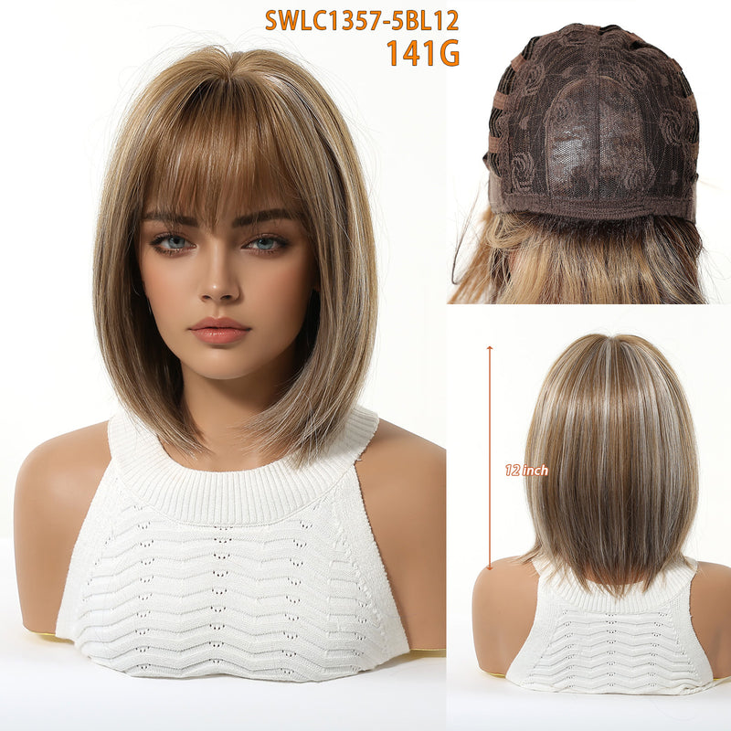 Ombre Highlights, Bob Cut, Airy Bangs, Short Straight Hair, Natural-Looking Synthetic Full-Head Wig
