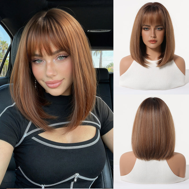 Ombre Highlights, Bob Cut, Airy Bangs, Short Straight Hair, Natural-Looking Synthetic Full-Head Wig