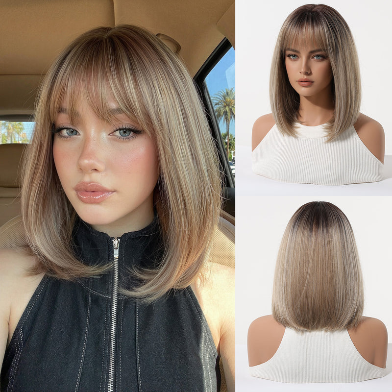 Ombre Highlights, Bob Cut, Airy Bangs, Short Straight Hair, Natural-Looking Synthetic Full-Head Wig