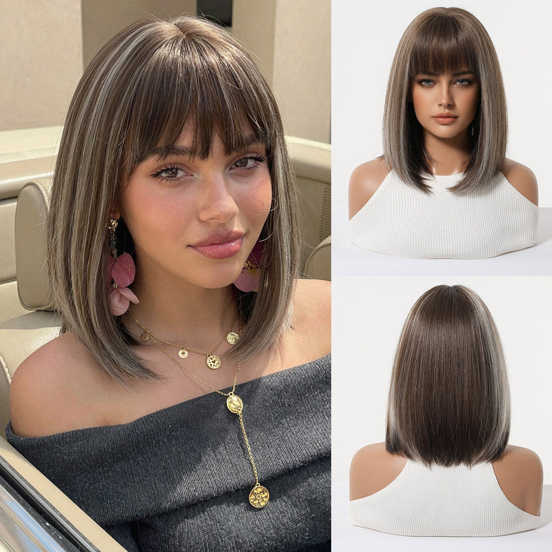 Ombre Highlights, Bob Cut, Airy Bangs, Short Straight Hair, Natural-Looking Synthetic Full-Head Wig