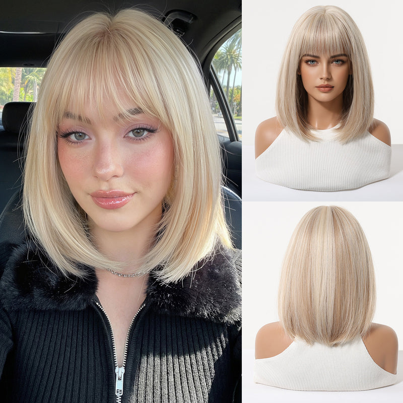 Ombre Highlights, Bob Cut, Airy Bangs, Short Straight Hair, Natural-Looking Synthetic Full-Head Wig