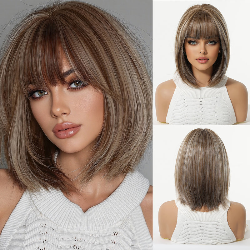 Ombre Highlights, Bob Cut, Airy Bangs, Short Straight Hair, Natural-Looking Synthetic Full-Head Wig