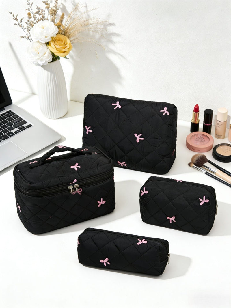 Large-Capacity Embroidered Bow Makeup Bag Travel Toiletry Organizer