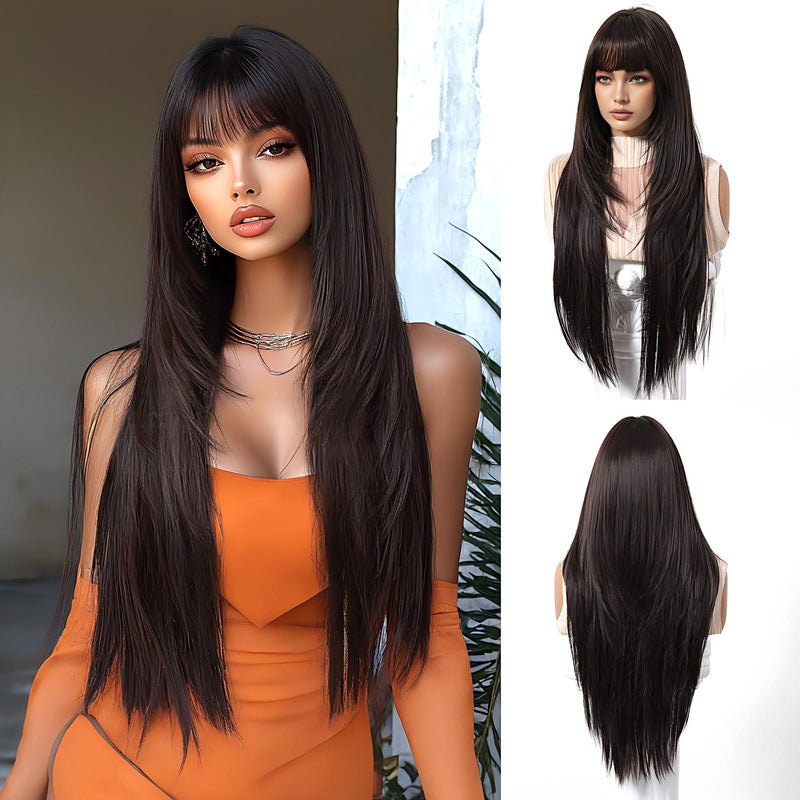 Full-Head Wig With Long, Straight Hair, Layered Bangs, And a Sensual, Airy Style