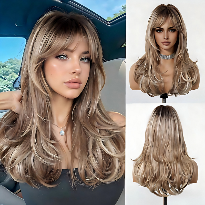 Full-Head Wig with Natural-Looking Side-Swept Bangs and Long Curls for a Relaxed,