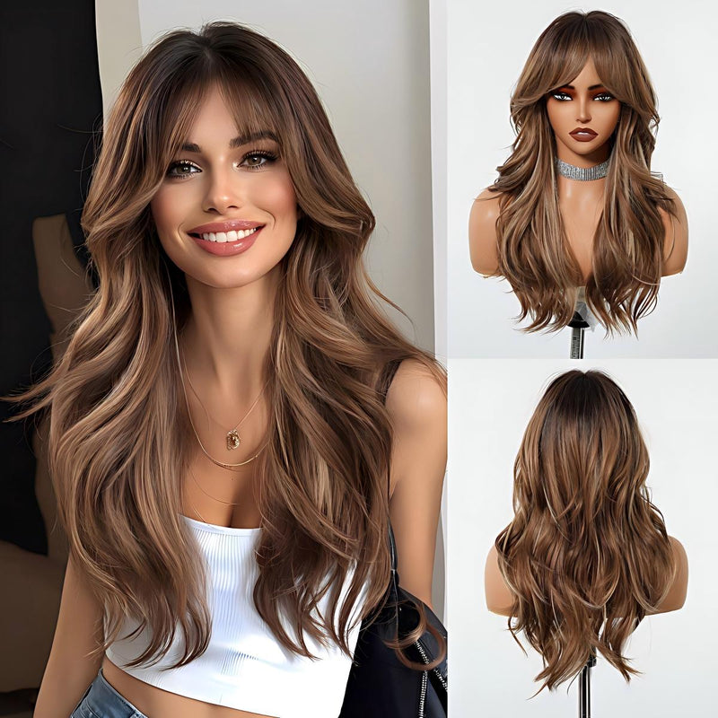 Full-Head Wig with Natural-Looking Side-Swept Bangs and Long Curls for a Relaxed,