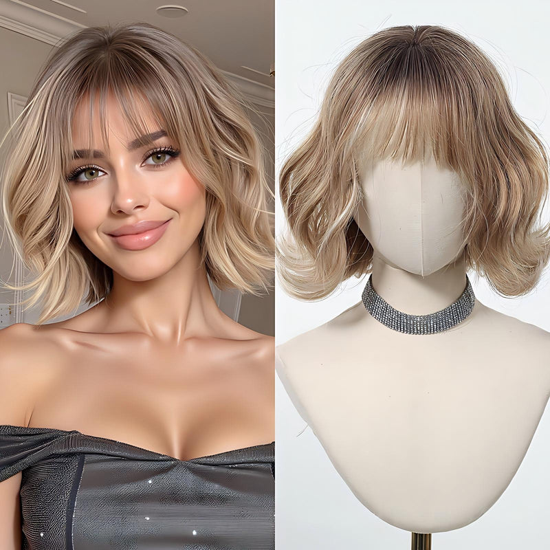 Short-Haired Full-Head Wig With Straight Bangs And a Bob Cut Wig