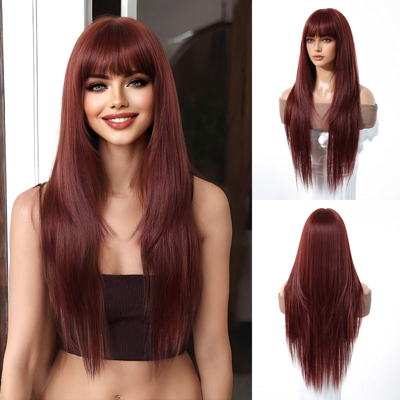 Full-Head Wig With Long, Straight Hair, Layered Bangs, And a Sensual, Airy Style