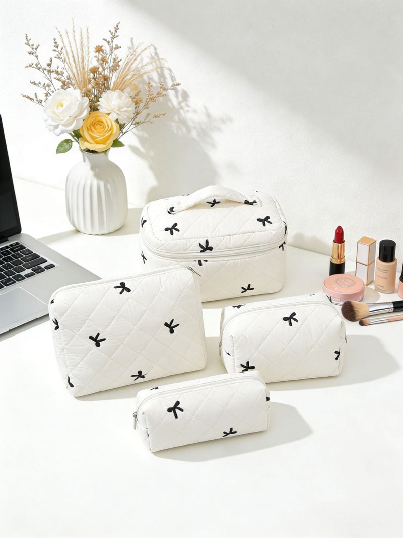 Large-Capacity Embroidered Bow Makeup Bag Travel Toiletry Organizer