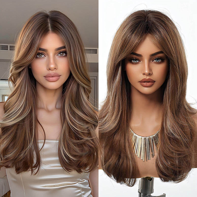 Fashionable Wig with Highlighted Ombré Gold Long Curls