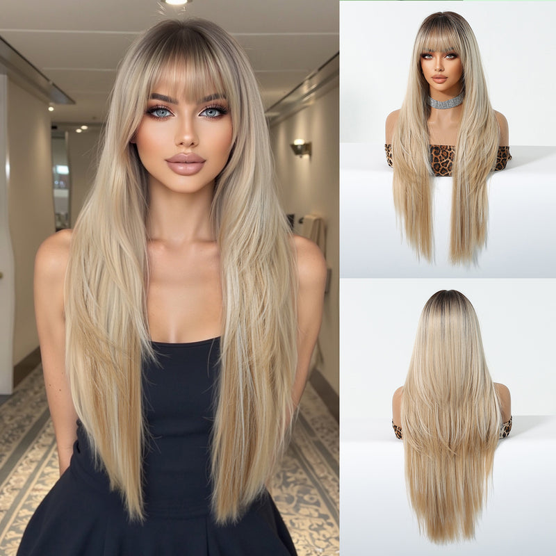 Full-Head Wig With Long, Straight Hair, Layered Bangs, And a Sensual, Airy Style