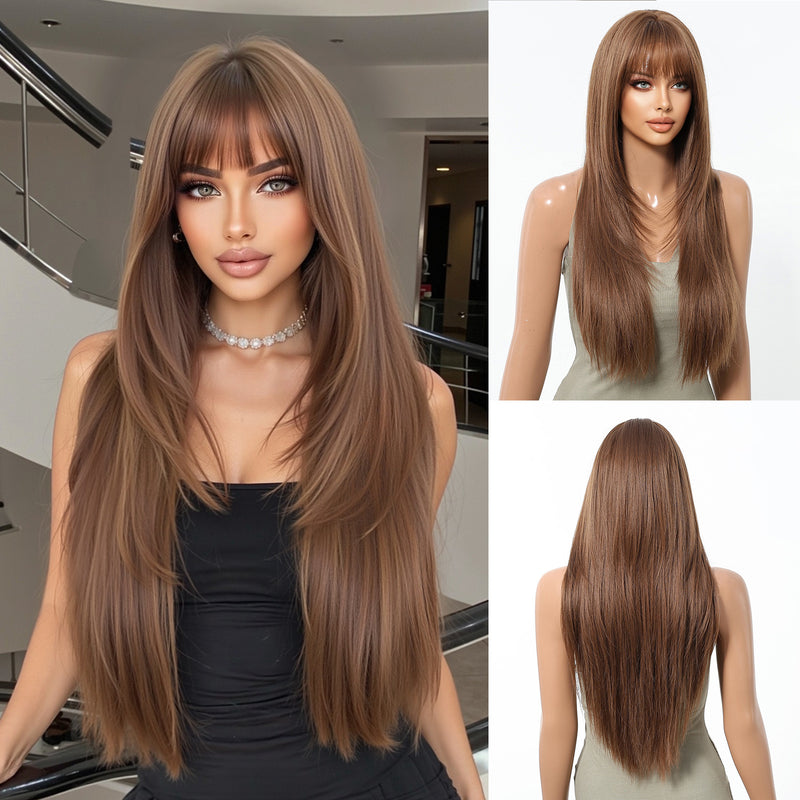 Full-Head Wig With Long, Straight Hair, Layered Bangs, And a Sensual, Airy Style