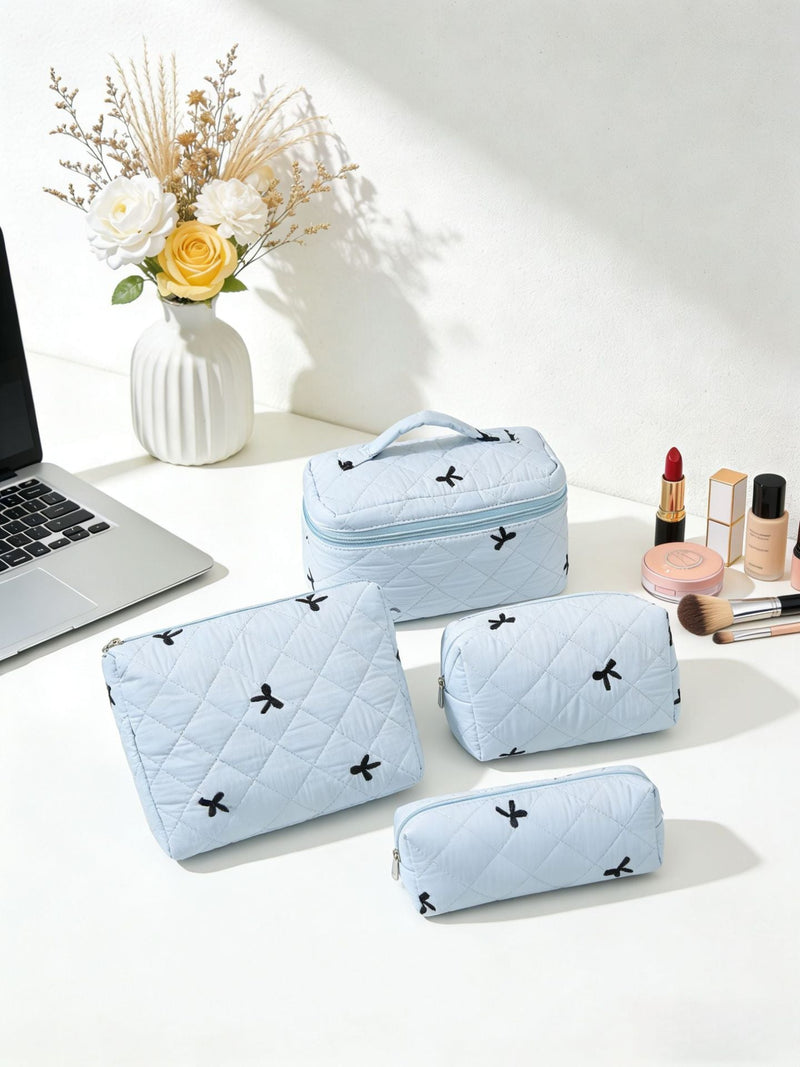 Large-Capacity Embroidered Bow Makeup Bag Travel Toiletry Organizer