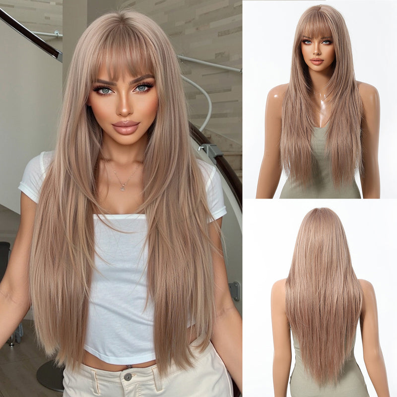 Full-Head Wig With Long, Straight Hair, Layered Bangs, And a Sensual, Airy Style