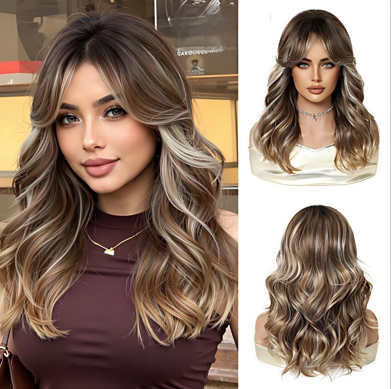 Full-Head Wig with Natural-Looking Side-Swept Bangs and Long Curls for a Relaxed,