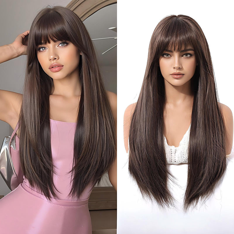 Full-Head Wig With Long, Straight Hair, Layered Bangs, And a Sensual, Airy Style