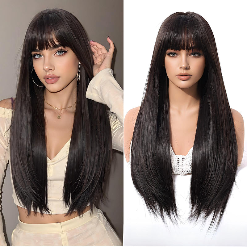 Full-Head Wig With Long, Straight Hair, Layered Bangs, And a Sensual, Airy Style