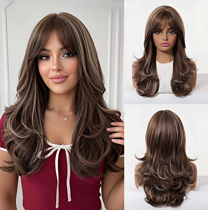 Full-Head Wig with Natural-Looking Side-Swept Bangs and Long Curls for a Relaxed,